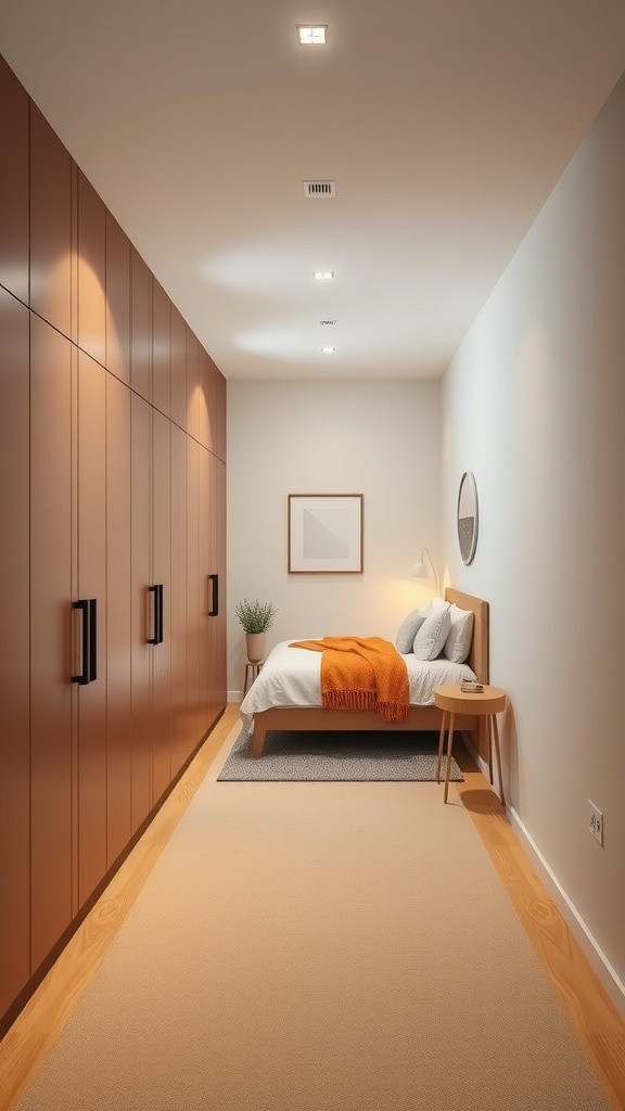 A long narrow bedroom featuring built-in wardrobes, a bed with an orange throw, and a small bedside table.