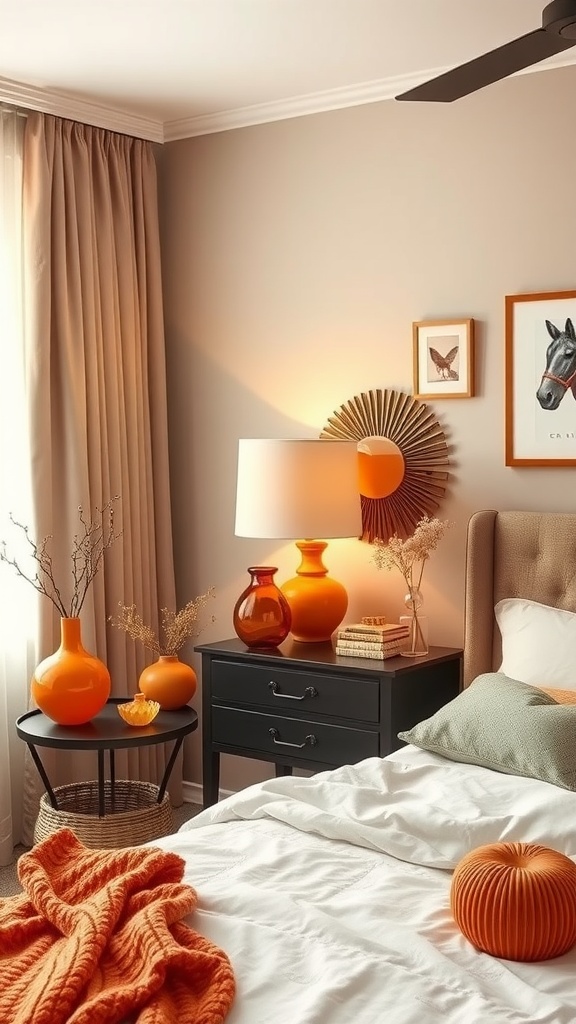 A cozy bedroom featuring burnt orange decor including vases, a blanket, and pillows, enhancing the warmth of the space.
