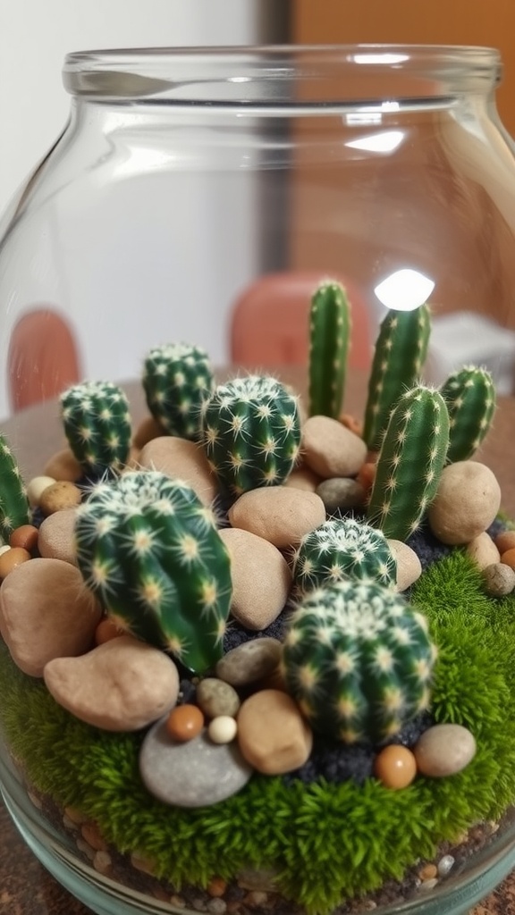 A terrarium with various cacti, colorful pebbles, and green moss in a glass container.
