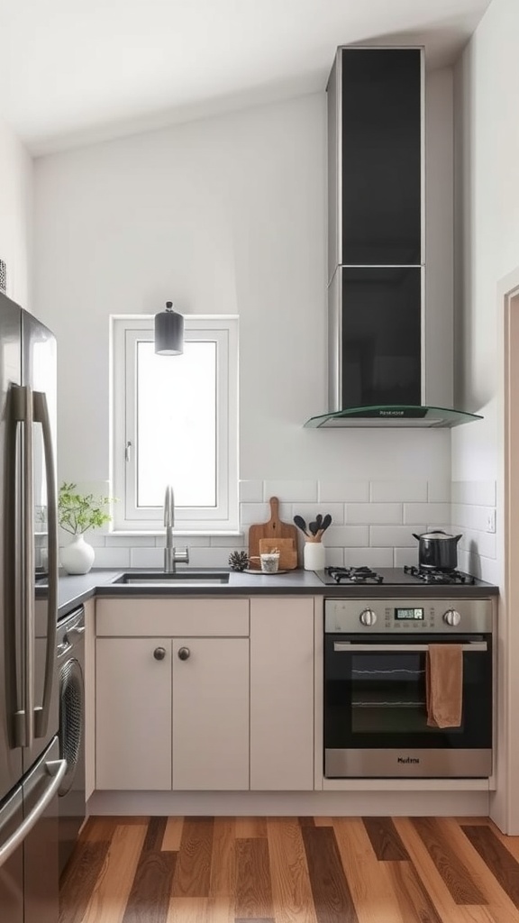A modern small kitchen featuring a black chimney above the cooktop, light cabinetry, and a window.