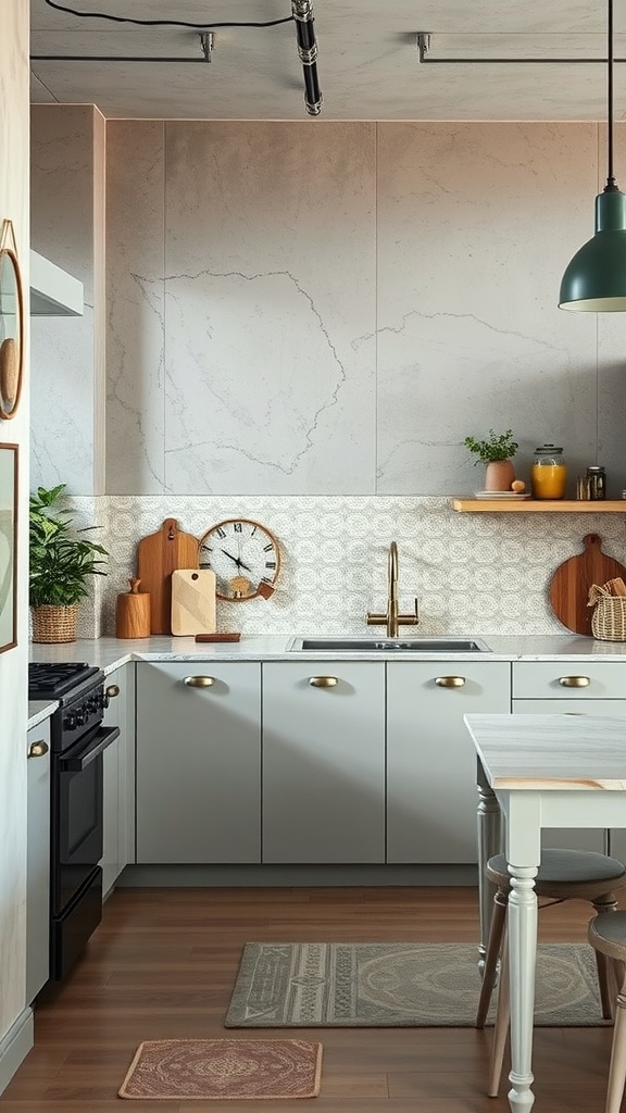 Modern kitchen featuring concrete walls and a tile backsplash, with wooden accents and plants.