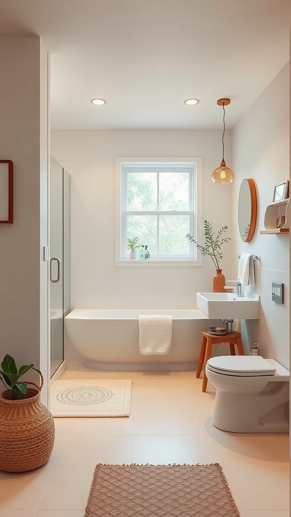A modern Jack and Jill bathroom featuring natural light, plants, and eco-friendly design elements.