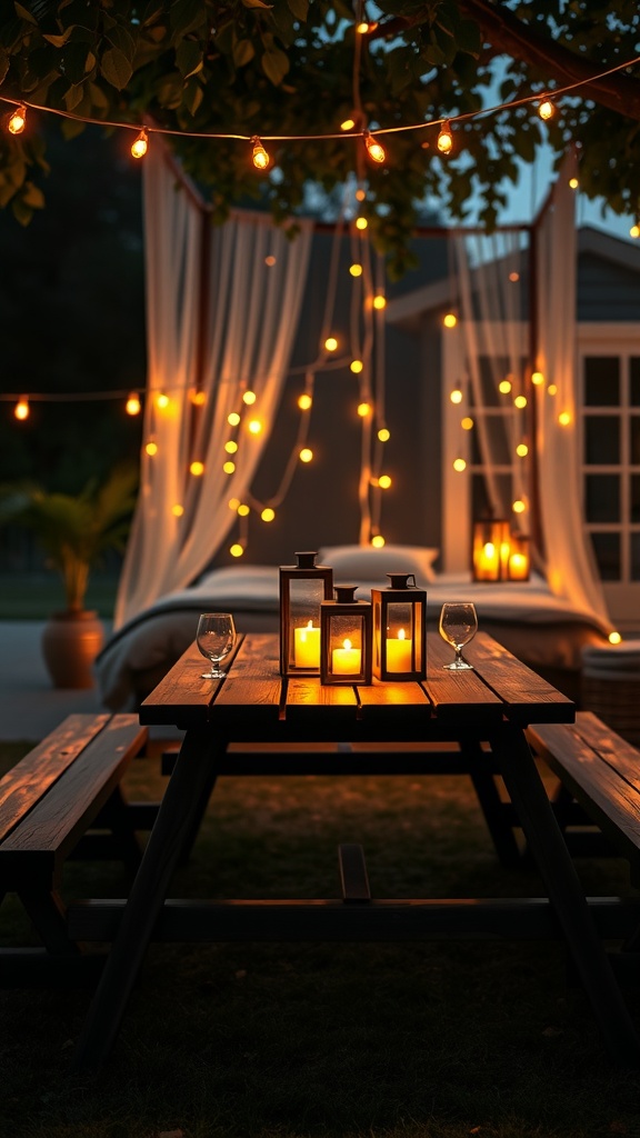 A cozy low picnic table with glowing lanterns and string lights, set for an evening picnic.