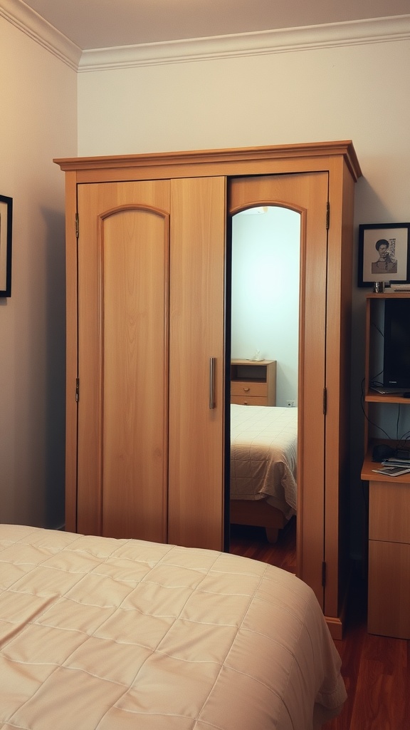 Image of a small bedroom layout featuring a wardrobe with a mirrored door.
