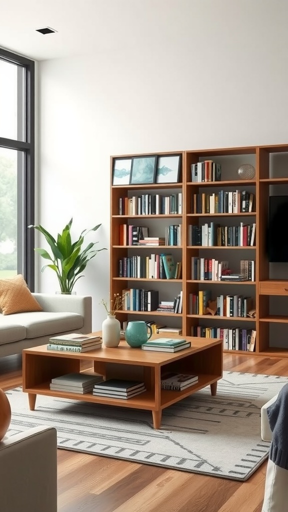 A modern living room featuring a tall bookshelf, coffee table, and a cozy couch with natural light.