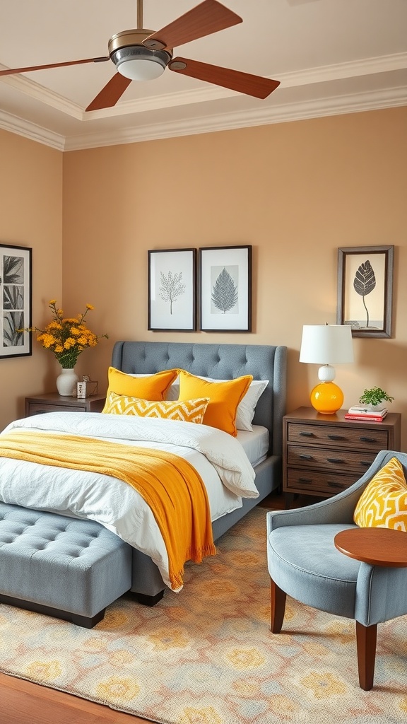 A cozy bedroom featuring mustard yellow and gray tones with a modern design.