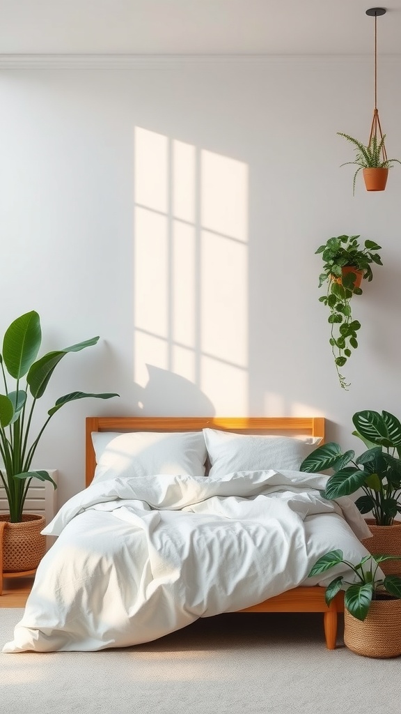 A serene bedroom featuring a wooden bed, white linens, and various green plants in woven baskets.