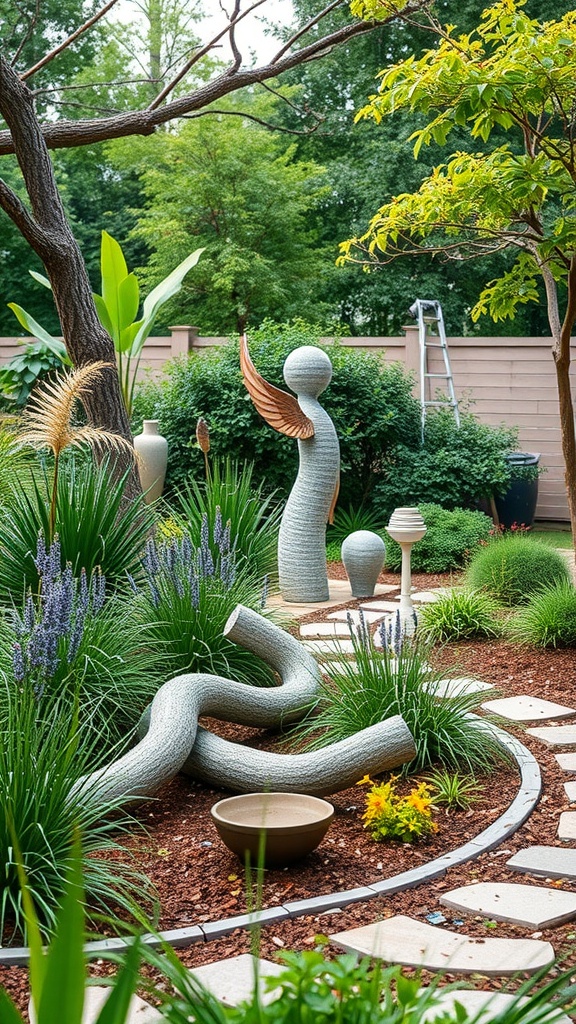 A landscaped backyard featuring unique sculptures surrounded by lush green plants and flowers.