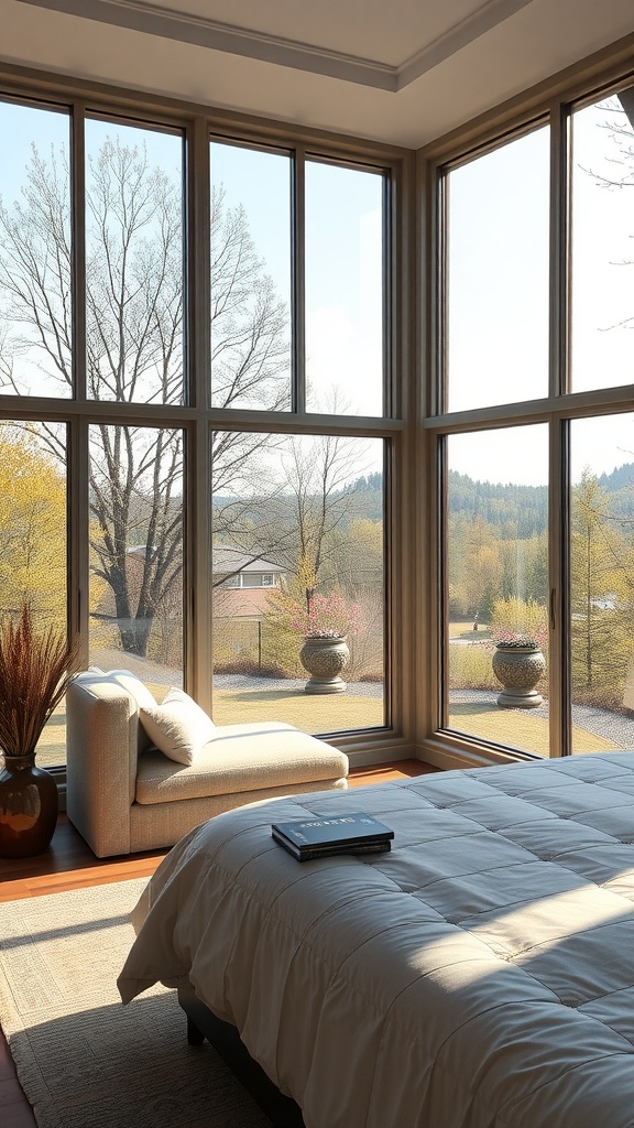 A modern guest bedroom with large windows showcasing outdoor views of trees and plants