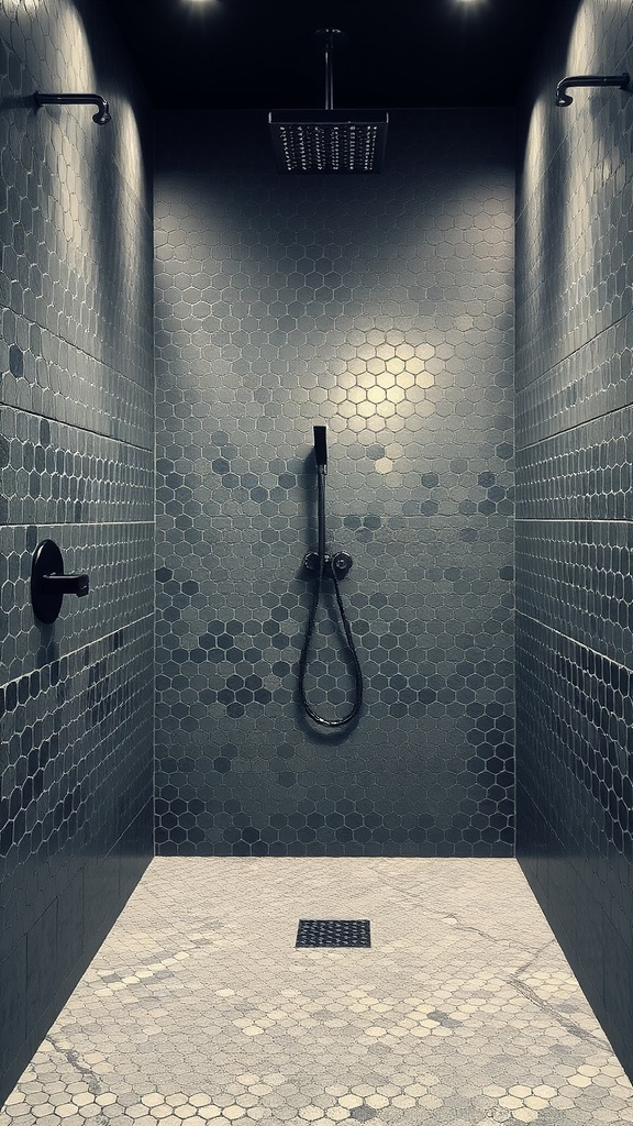 A modern shower with hexagonal tiles mimicking penny tiles, showcasing a stylish and functional design.