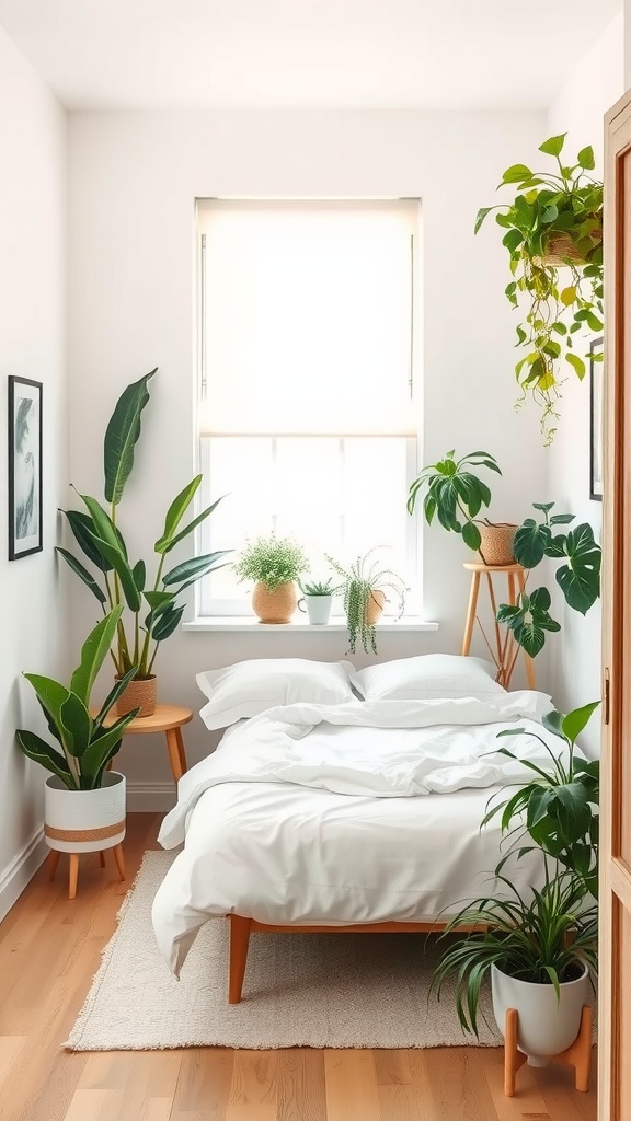A small, well-decorated bedroom featuring various indoor plants, a bed with white linens, and natural light coming from a window.