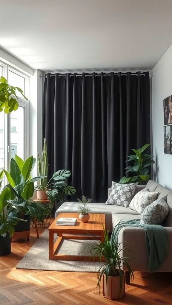 Cozy living room with black curtains and various plants