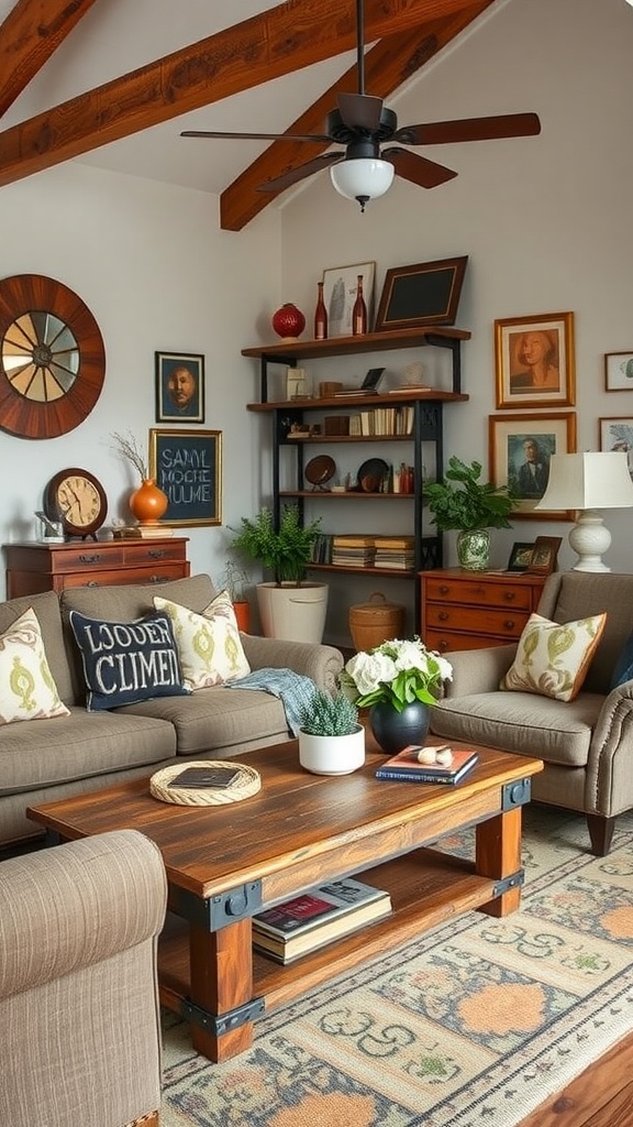 A cozy living room with rustic furniture, wooden beams, and earthy decor.