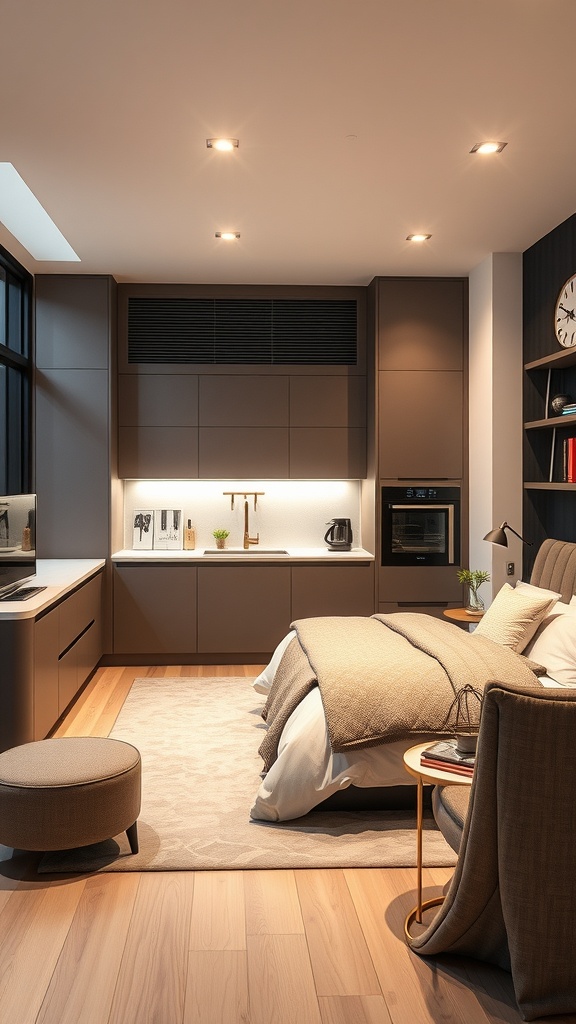 A modern kitchen with smart technology features, showcasing a sleek design and organized layout.