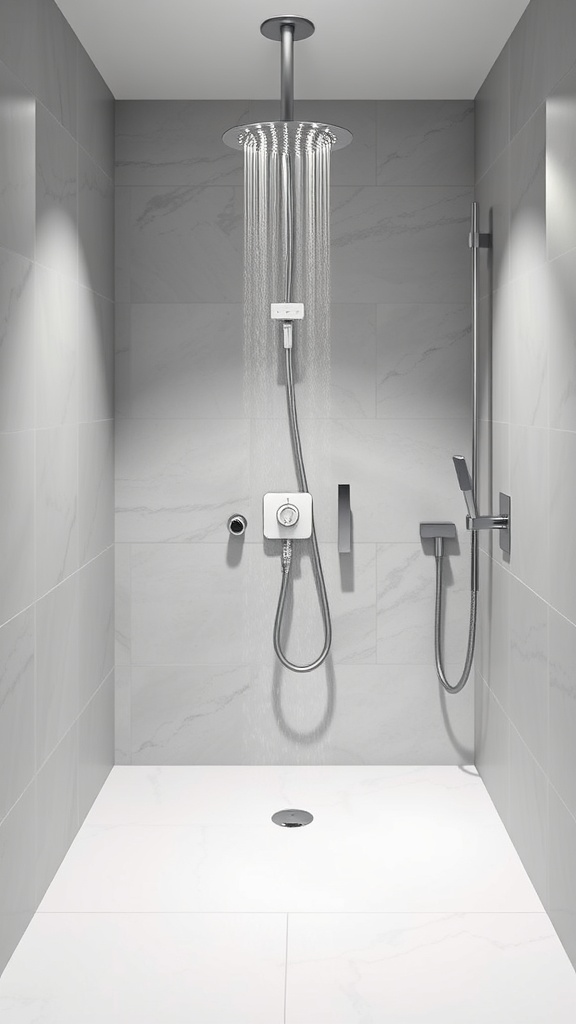 A modern shower design featuring an overhead shower and handheld shower options.