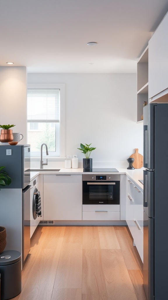 Modern kitchen featuring sleek design, smart appliances, and organized shelving