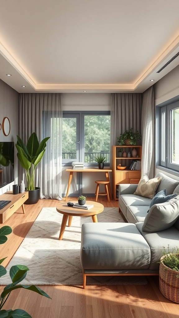 Cozy living room with a combination of relaxing and playful elements, featuring modern furniture and technology.