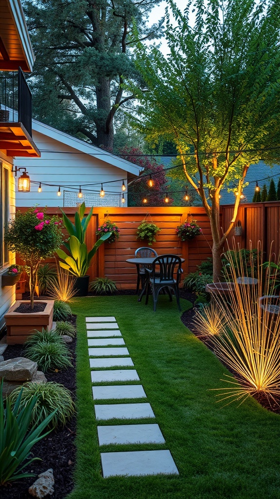 A backyard with a pathway, seating area, and decorative lighting