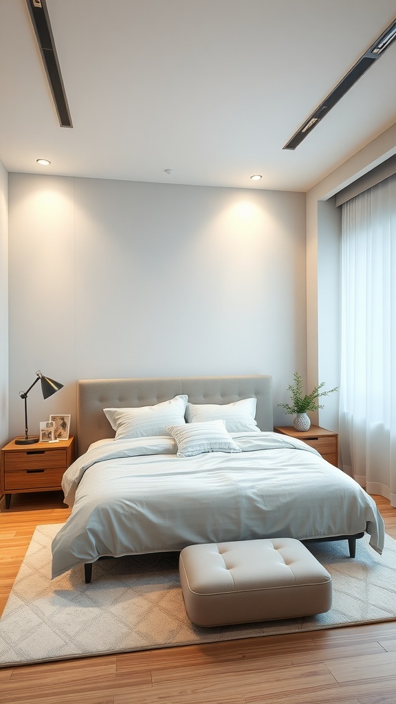 A modern Korean bedroom featuring a minimalist design with smart technology elements.