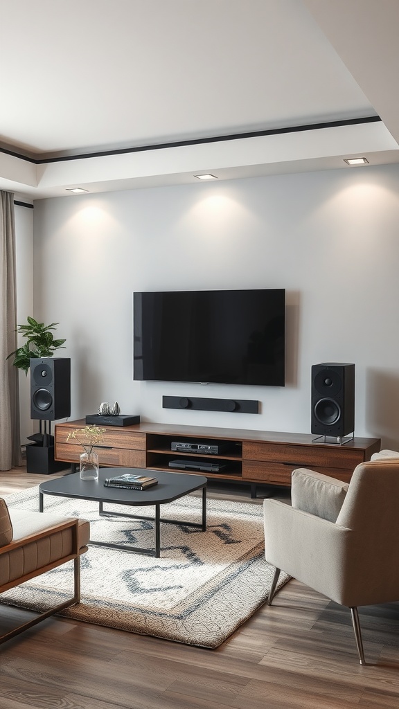 A modern living room featuring a wall-mounted TV, speakers, and stylish furniture.