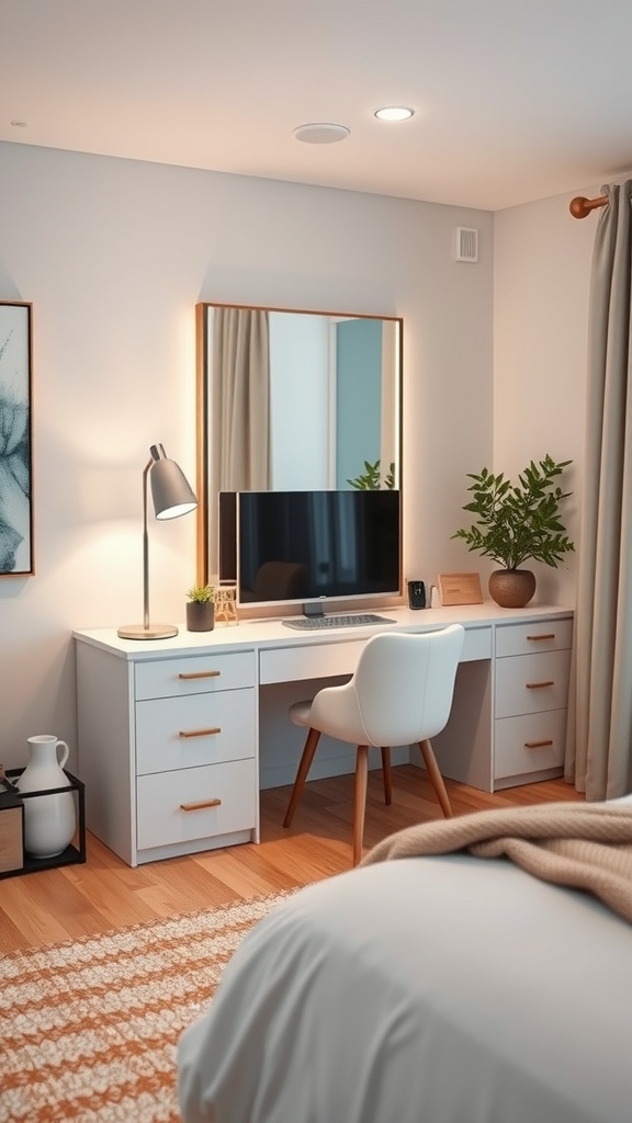 A modern bedroom vanity and desk combo featuring a mirror, computer monitor, and stylish lamp.