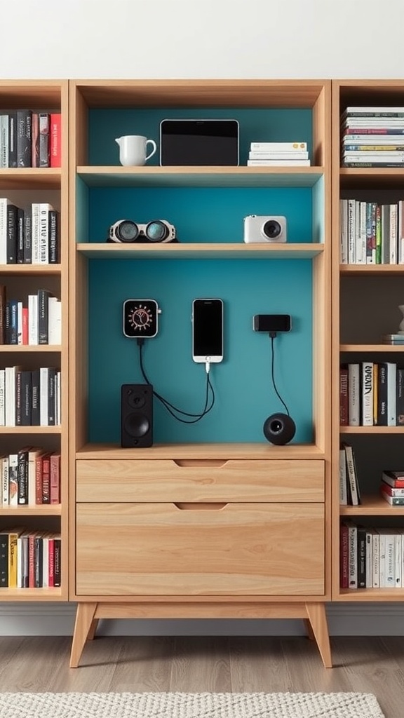 Modern bookshelf with technology integration, featuring a blue backdrop and multiple tech gadgets.