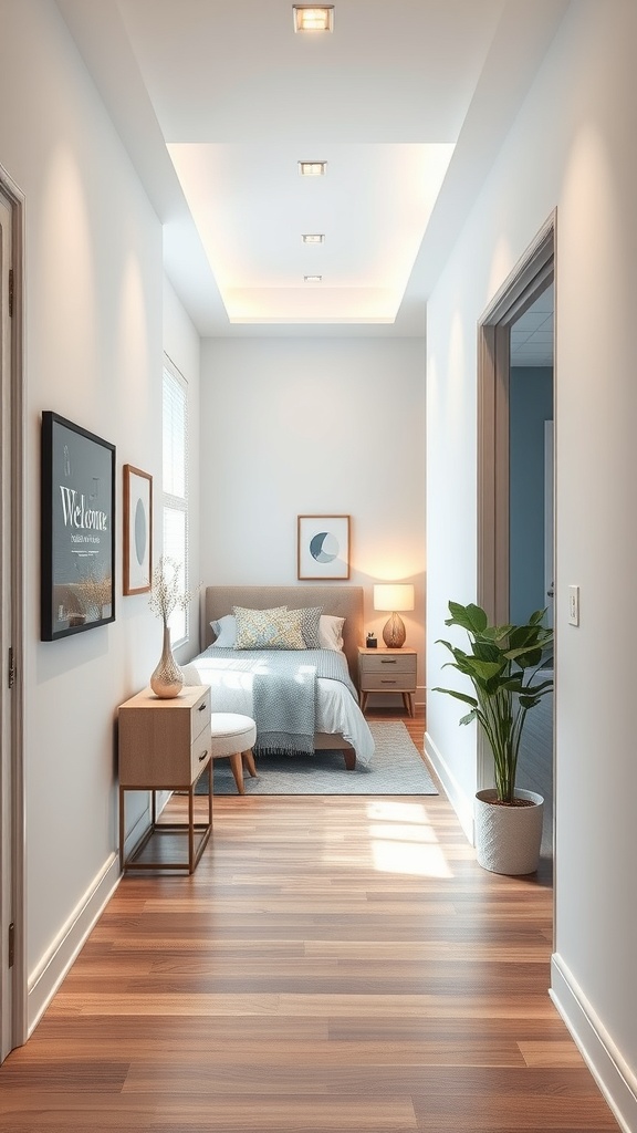 A narrow entryway featuring modern lighting, a cozy bedroom view, and decorative elements.