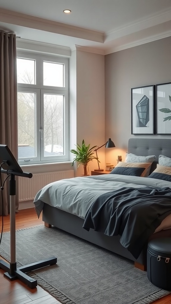 A cozy bedroom corner featuring a trainer bike, bed, and decorative elements.