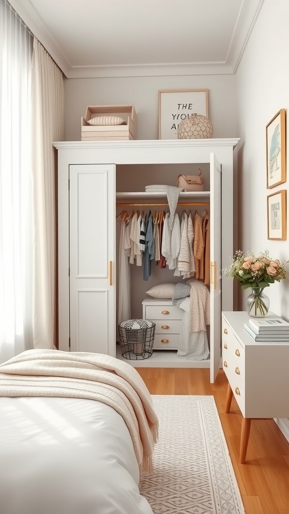 A small bedroom featuring a white wardrobe with open doors, neatly organized clothes, a bedside table with flowers, and warm wooden flooring.