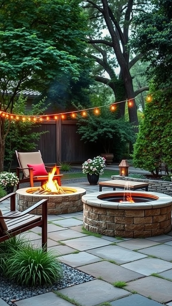 Backyard scene with a fire pit, water feature, and cozy seating.
