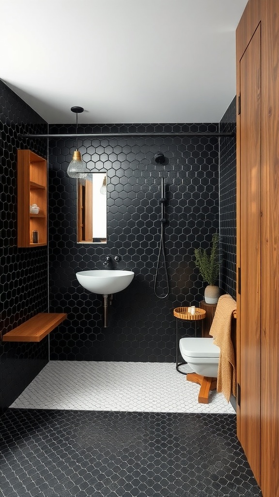 A modern bathroom featuring black hexagon tile floor, wooden accents, and green plants.