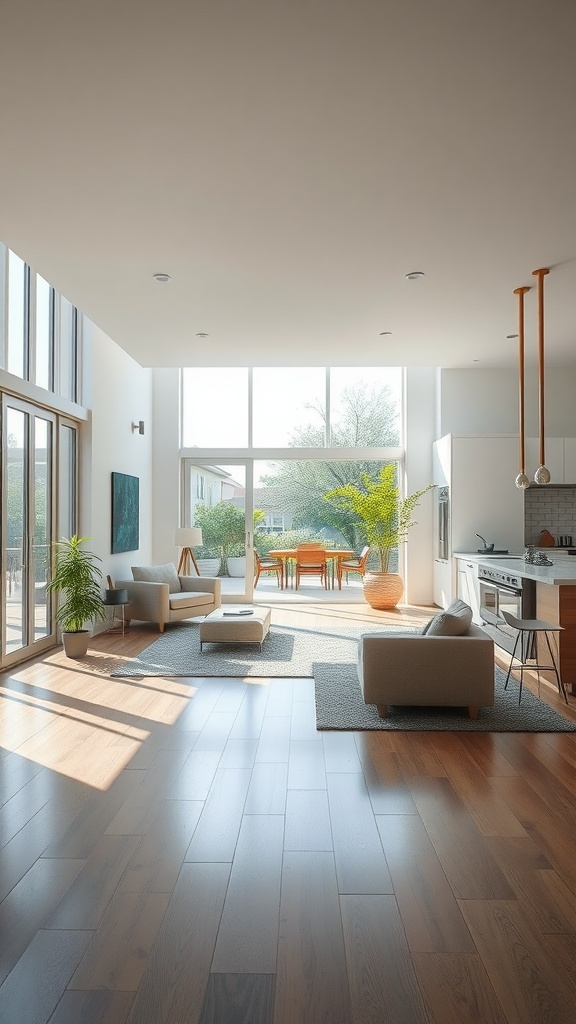 Bright open space living room and kitchen with large windows allowing natural light.