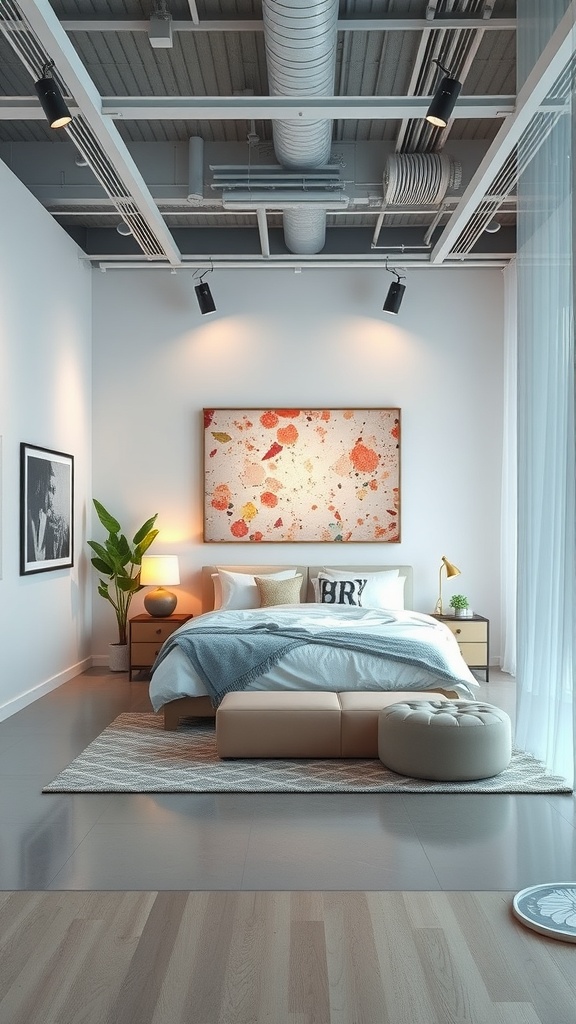 A modern bedroom with a vibrant wall art piece featuring splashes of color, complemented by stylish furniture and decor.