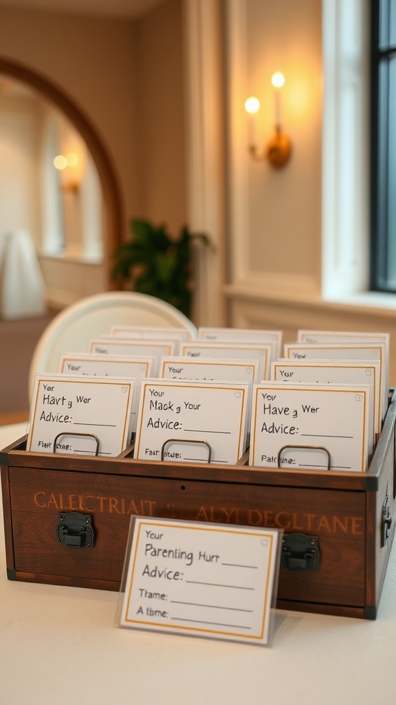 A wooden box filled with blank advice cards for a baby shower, inviting guests to share parenting tips.