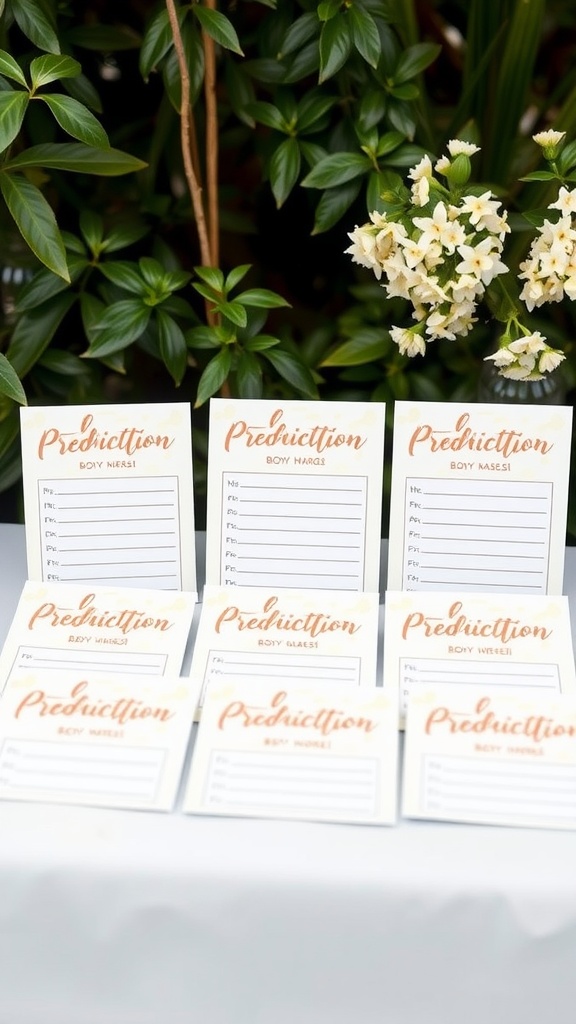 A collection of interactive baby prediction cards arranged neatly on a table with plants in the background.