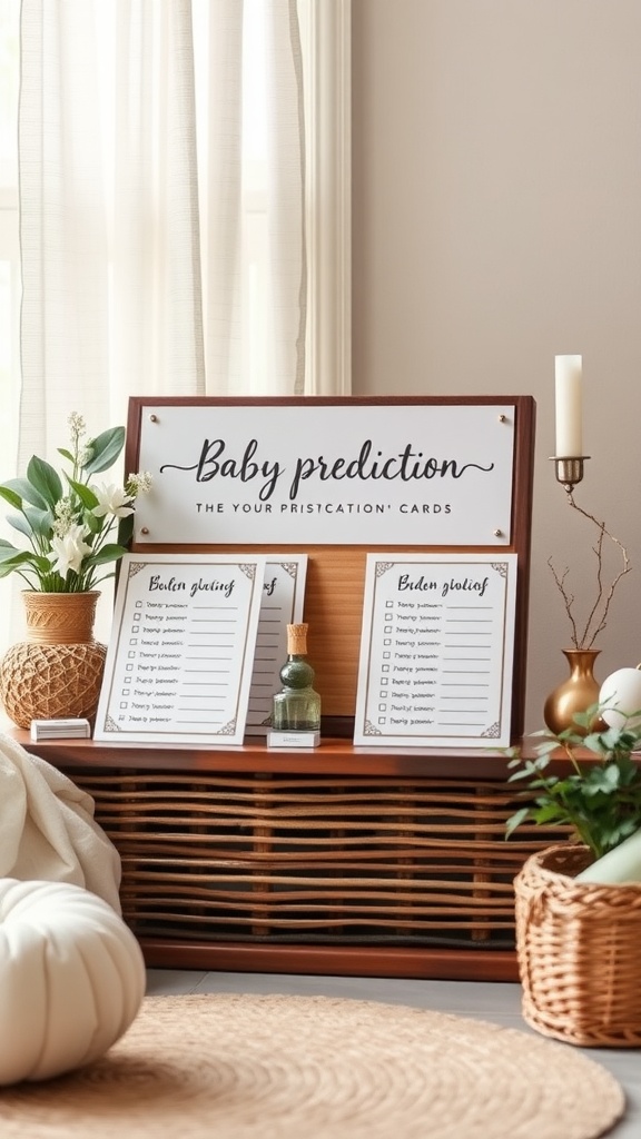 A display of baby prediction cards at a baby shower.