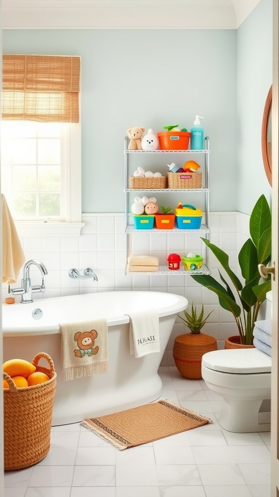 A bright bathroom featuring a tub, colorful storage for bath toys, and plants.
