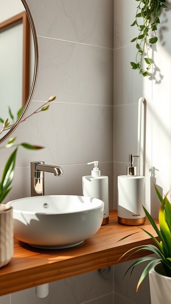 A modern kid's bathroom with a round mirror, sleek faucet, and soap dispensers on a wooden shelf, decorated with plants.
