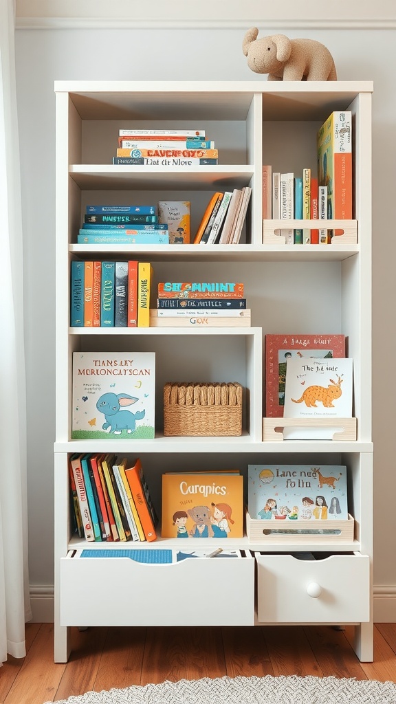 A colorful nursery bookshelf filled with children's books and a stuffed elephant on top.