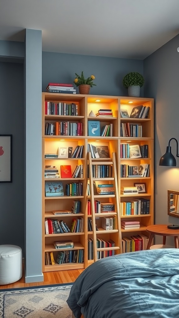 A cozy bedroom featuring a wooden bookshelf with rolling ladders, illuminated shelves, and decorative plants.