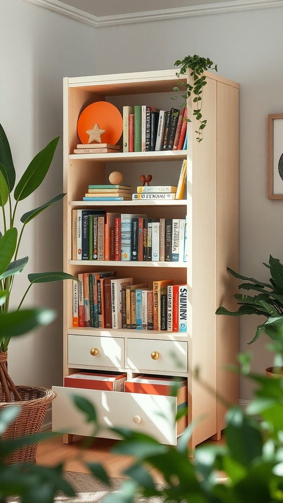 A bright and organized kids' bookshelf filled with colorful books, featuring playful decorations and plants around it.