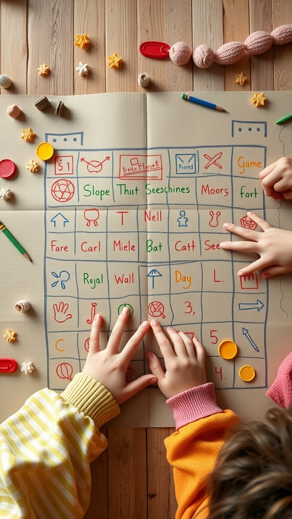 Children's hands playing on a colorful homemade cardboard game board with various tokens and drawings.