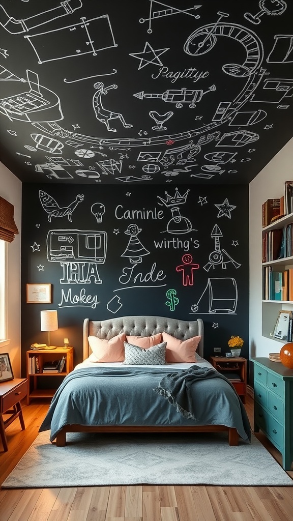 Cozy bedroom with a chalkboard ceiling featuring playful drawings and words, complemented by soft bedding and wooden furniture.