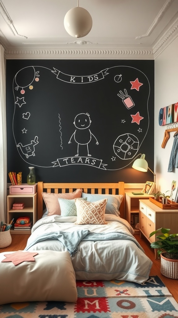 A cozy kids bedroom featuring a chalkboard wall decorated with playful drawings, a bed with soft pillows, and colorful decor.