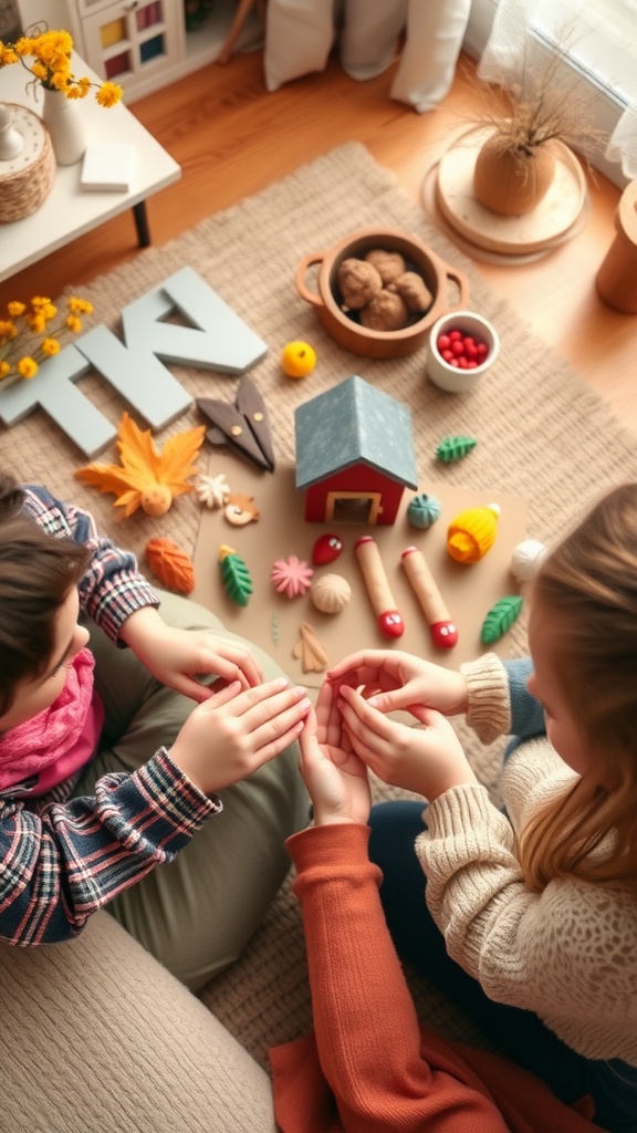 Two children creating clay figures for storytelling