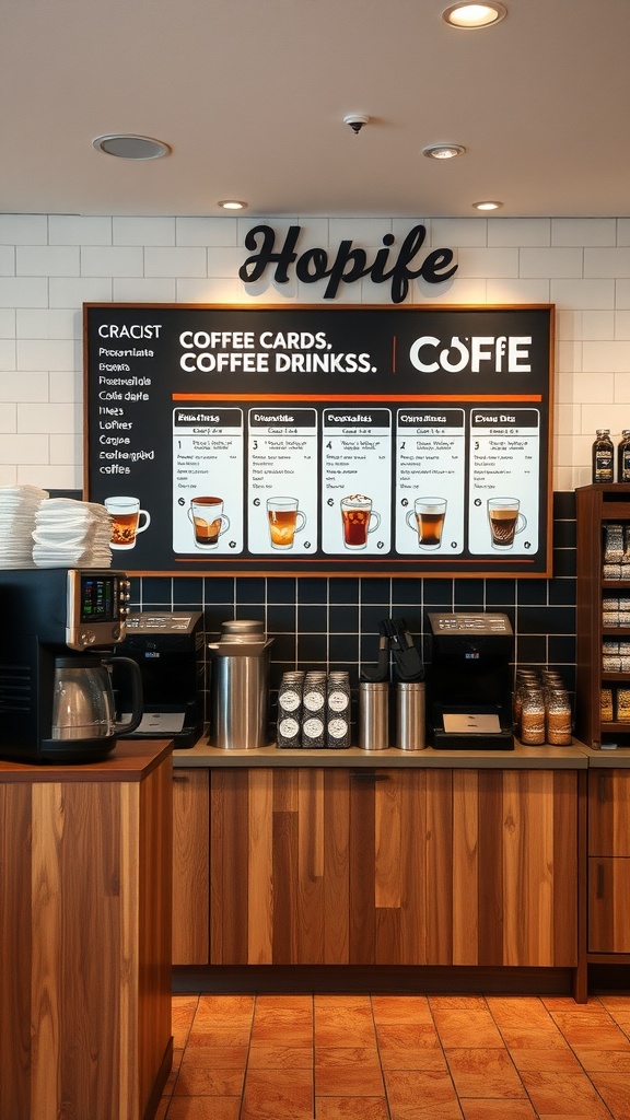 Interactive coffee recipe wall with various drinks displayed