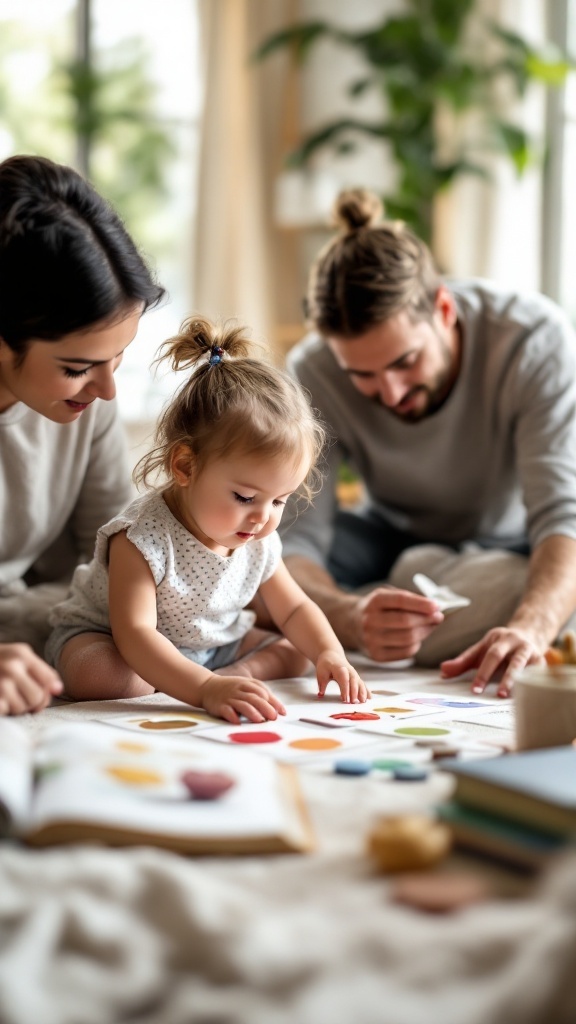 A toddler playing a color matching game with family in a cozy room.