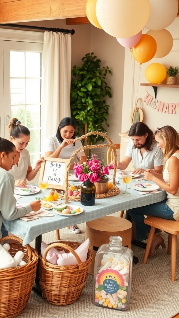 Guests engaged in a craft station at a backyard baby shower, creating personalized items while enjoying food and drinks.