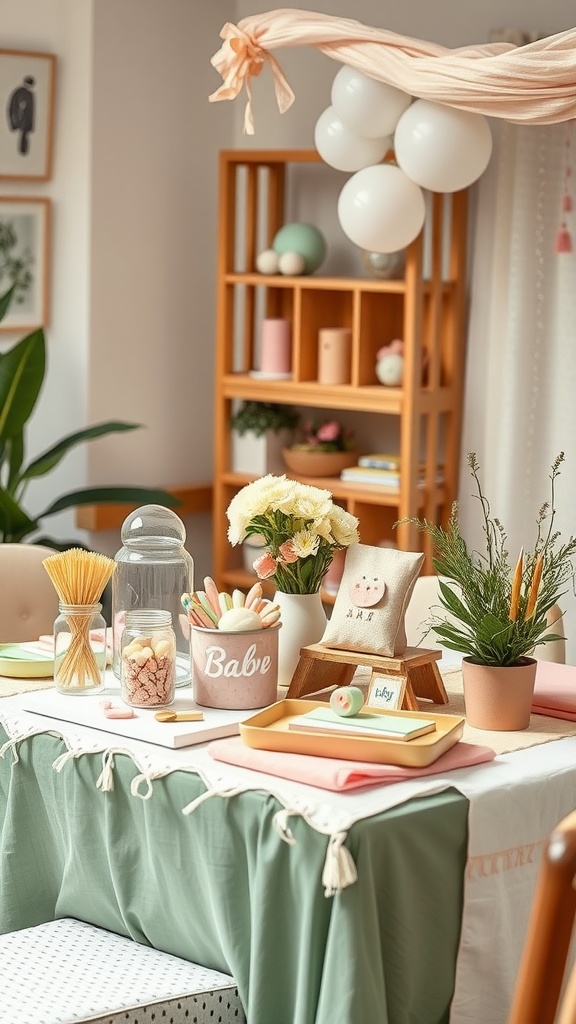A beautifully decorated baby shower table with craft supplies, flowers, and pastel colors.