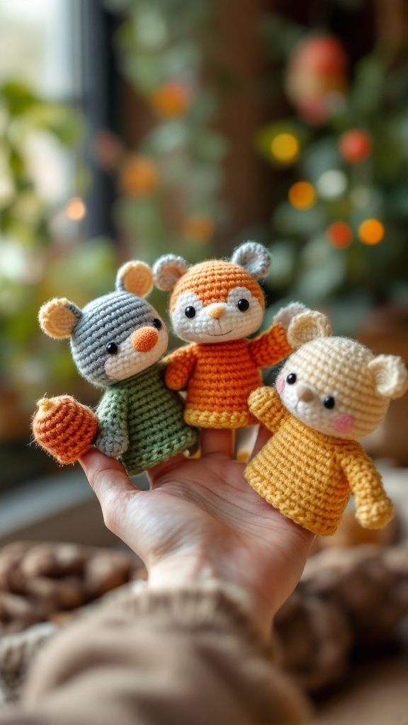 Three colorful crochet finger puppets: a bear, a fox, and a mouse, held in a person's hand.